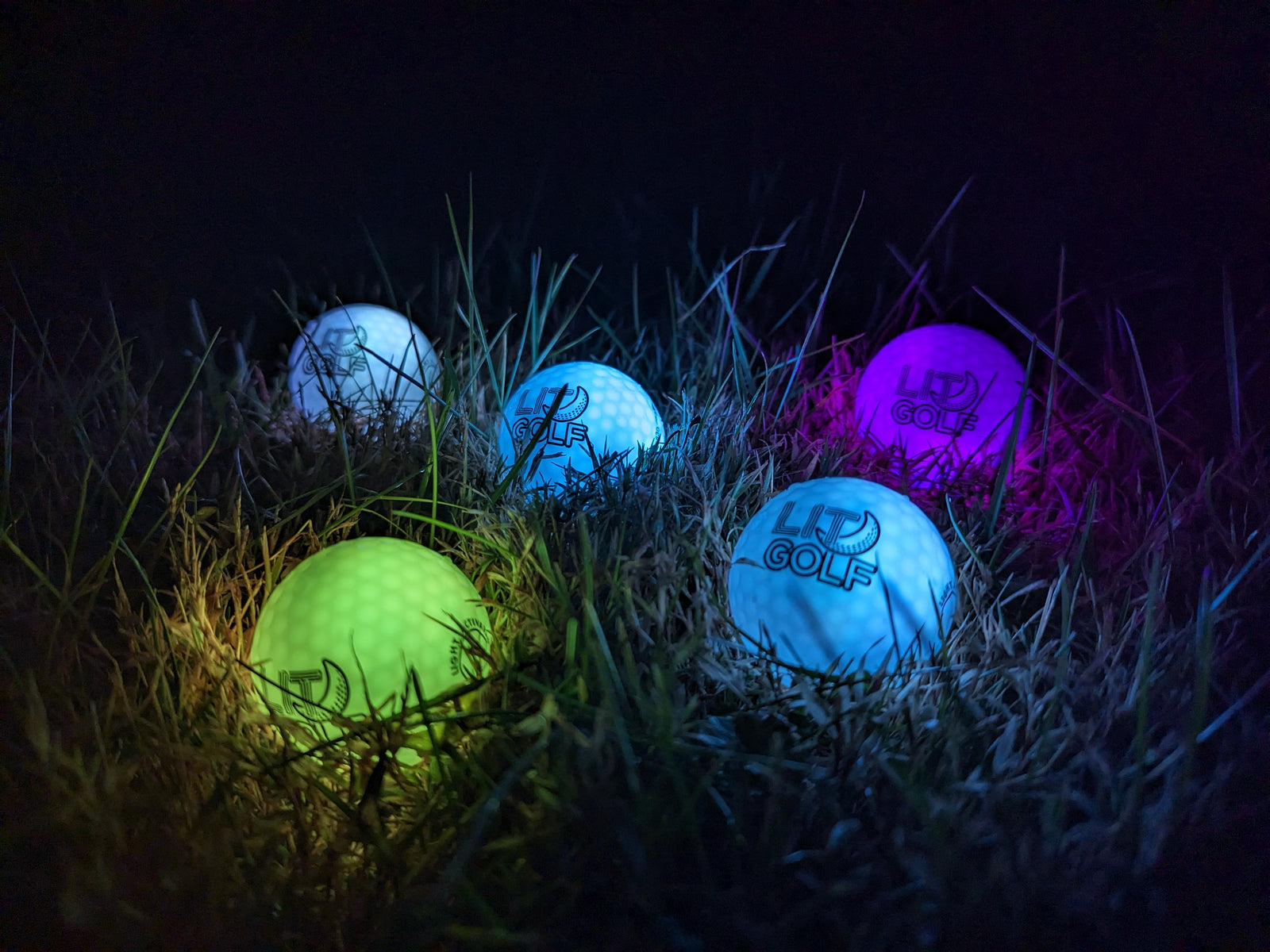 glow golf balls - yellow, blue, purple